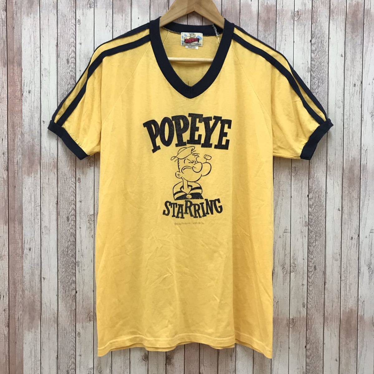 70s USA製 POPEYE ポパイ vintage リンガーTシャツ L USA製 POPEYE ポパイ Vネック リンガーTシャツ L イエロー×ネイビー