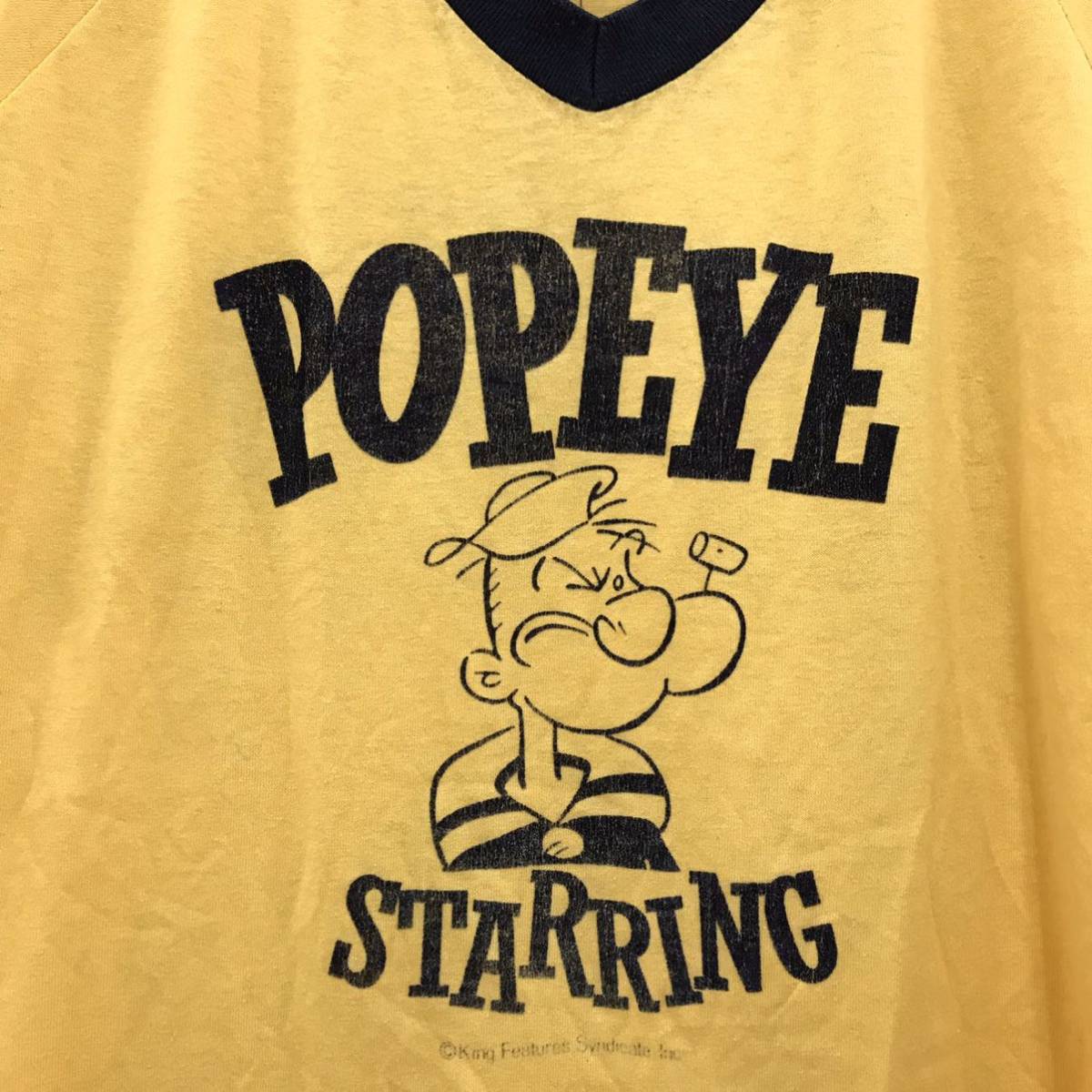 USA製 POPEYE ポパイ Vネック リンガーTシャツ L イエロー×ネイビー