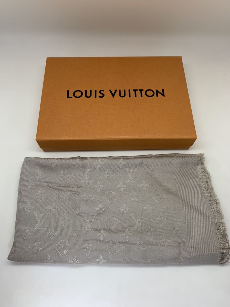 【箱付・美品】LOUIS VUITTON ルイヴィトン ショール・モノグラム 大判ストール グレー ベージュ グレージュ 約145×145cm(フリンジ含む)