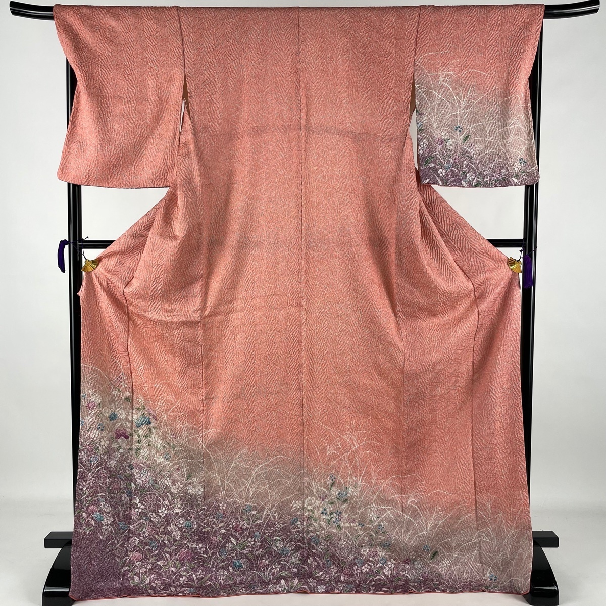 訪問着 美品 逸品 落款 村田道宣 牛首紬地 山並み 流水 薄茶色 袷 身丈