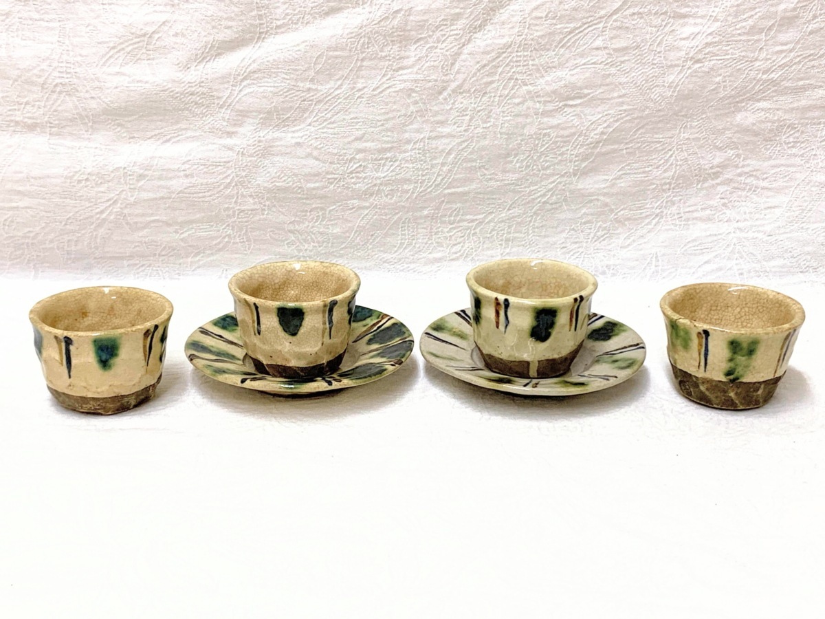 8389/京焼 弥平次 手捻 煎茶碗/湯呑４客・小皿２枚 茶器 煎茶器 骨董陶器