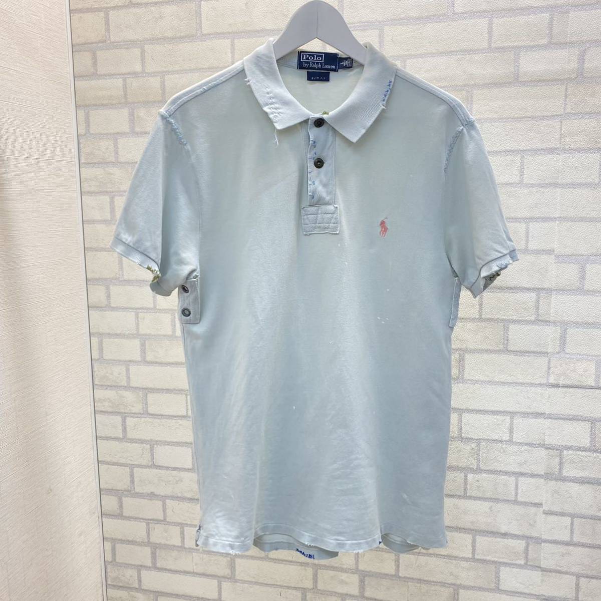 良品 ポロ ラルフローレン ダメージ加工 半袖 ポロシャツ 綿100% 青 水色 L メンズ スリムフィット コットン RALPH ...