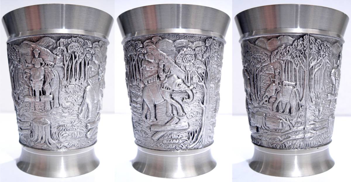 送料300円 ORIENTAL PEWTER THAILAND 酒器 ショットグラス ゾウ彫刻 お