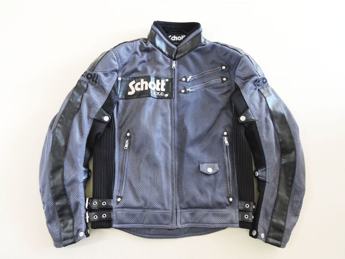 [B127S120] Schott / ショット メッシュ ライダース ジャケット サイズ40 黒 × グレー ライナー付き 肩・肘ソフトパット バイク 中古品