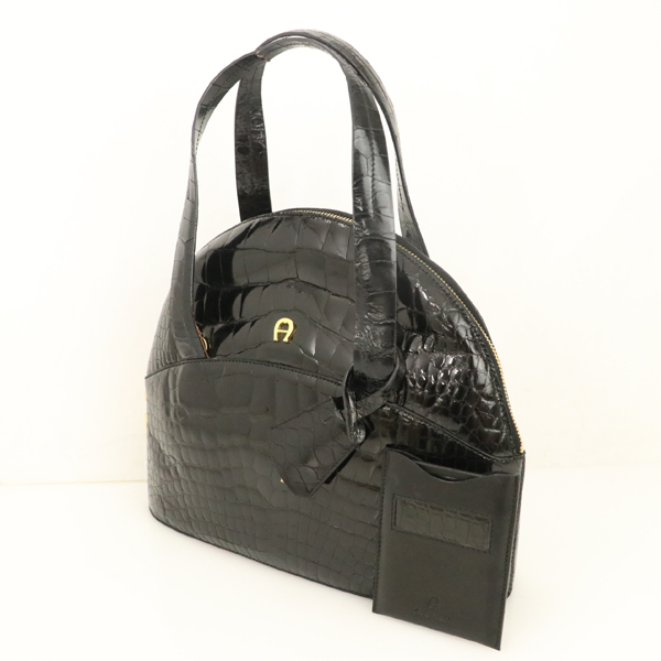 アイグナー AIGNER ブラック クロコダイル型押しクラッチバッグ トート 