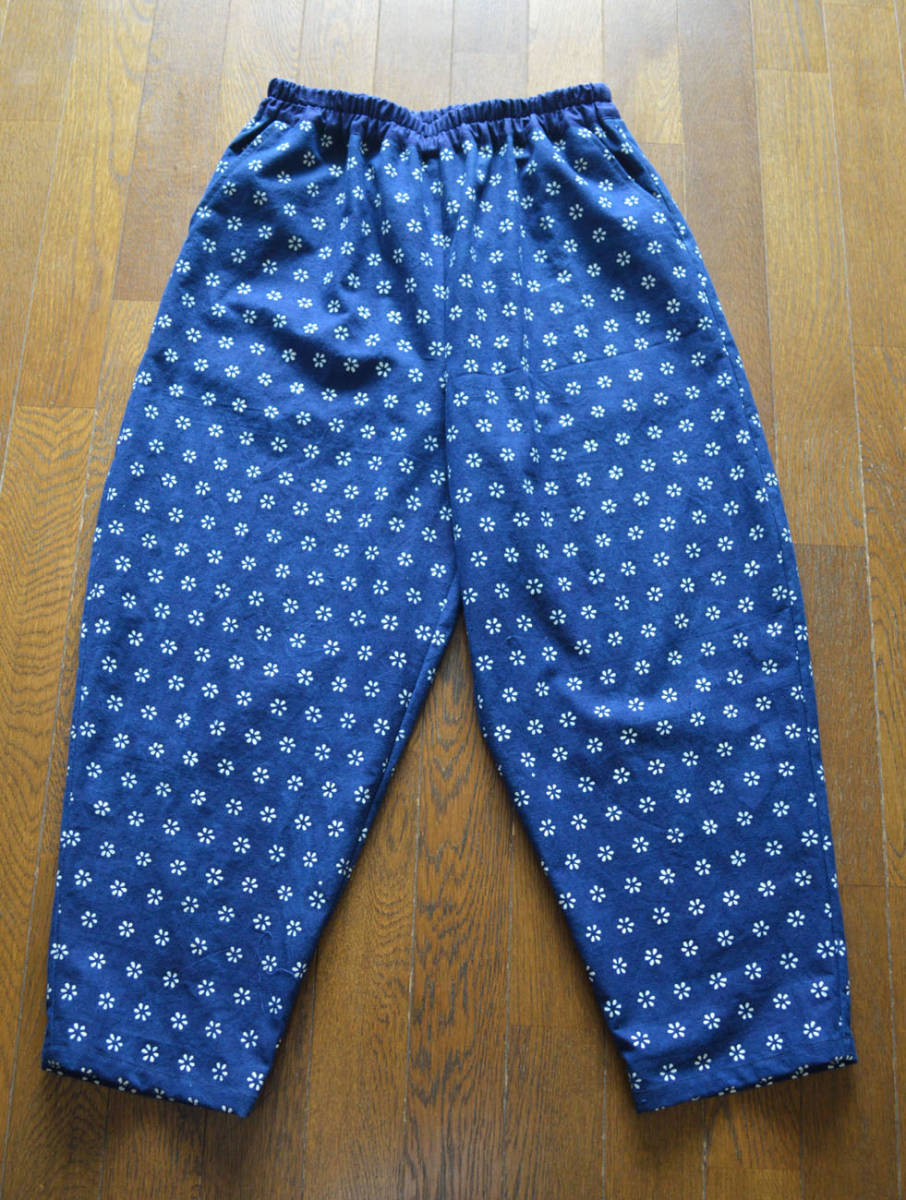 着物リメイク/藍染・印花布・ふっくらワイドパンツ・もんぺ/新古品