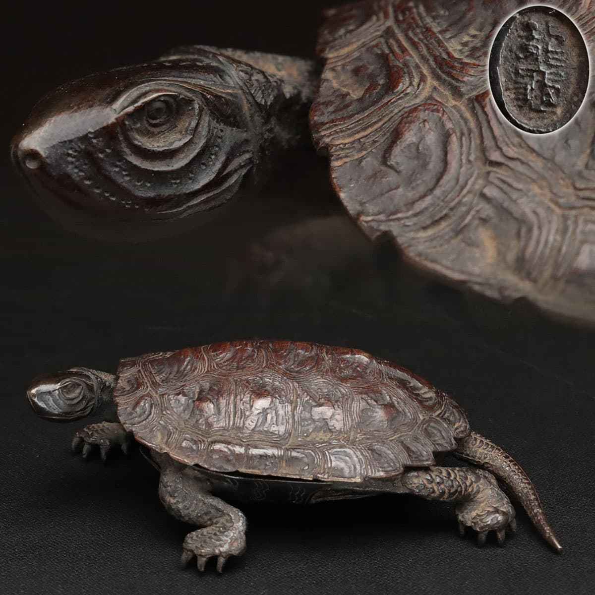 CX689 時代物【金工師 龍亀造】古銅造 極上 精巧「亀」灰皿 幅13.7cm