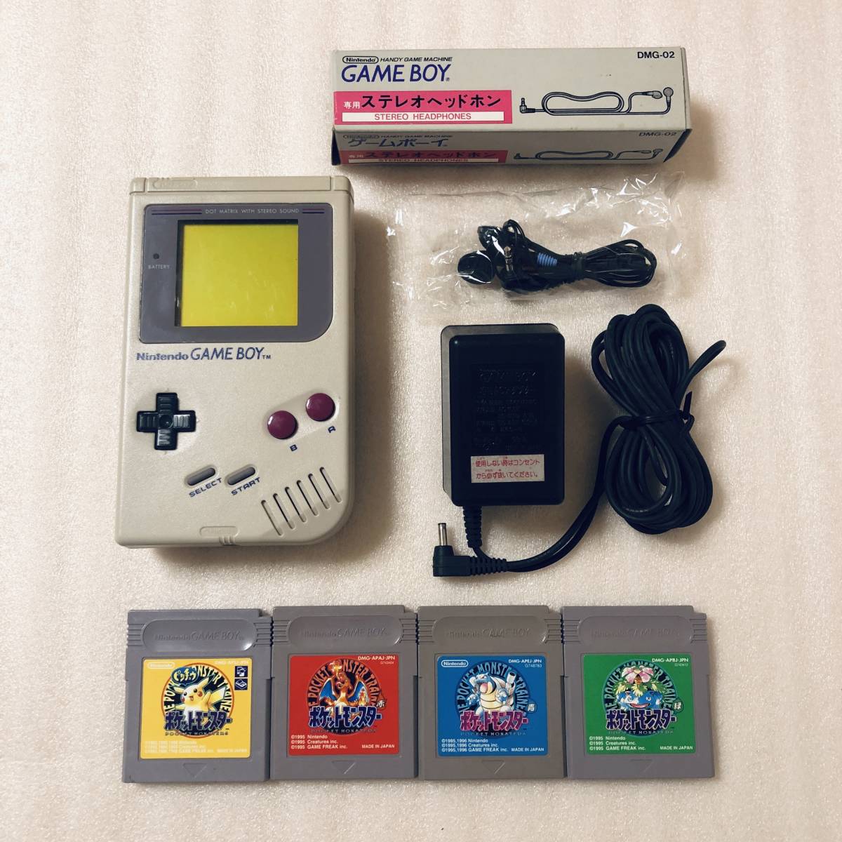【動作品】1円～ 初代ニンテンドー ゲームボーイNintendo GAMEBOY 新品ステレオヘッドホン ポケモン赤黄青緑付き 任天堂 動作確認済み