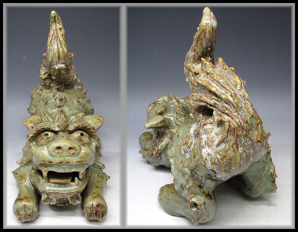 ZEROnet]○青磁 獅子 置物 〇山 兼山？重量2496g 全長22cm 共箱 時代物