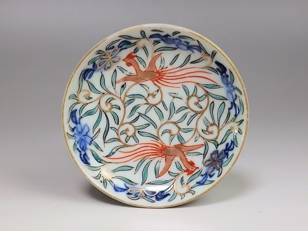 Yqqi-B118 古伊万里 金襴手 鳳凰に唐草の図 豆皿(金襴手)| Yqqi-B118 古伊万里 金襴手 鳳凰に唐草の図 豆皿(金襴手)|