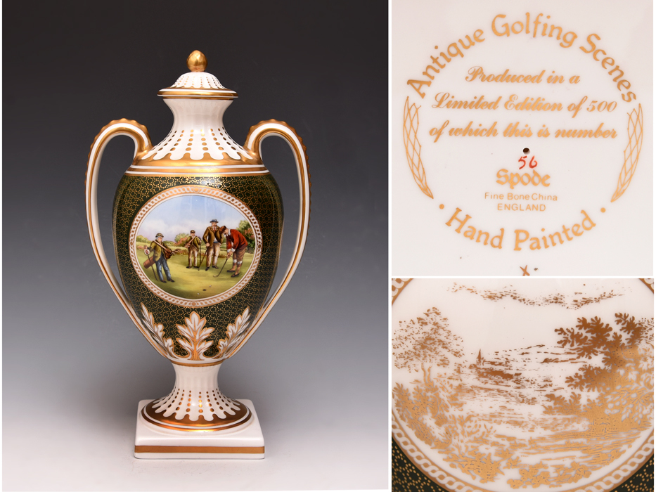 英国 SPODE スポード名作「Antique Golfing Scenes」ゴルフ 金彩 双耳