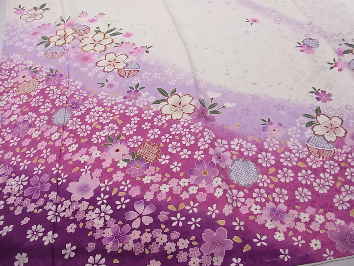 平和屋着物□振袖・長襦袢セット 駒刺繍 雪輪舞桜 暈し染め 金彩 