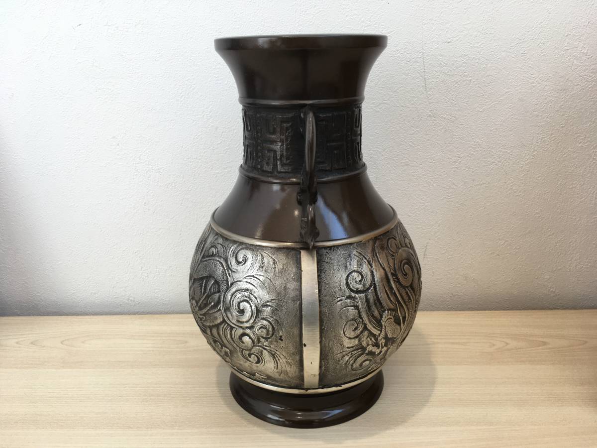 CX203 時代物 銅製 雨龍高盛上文 銅花瓶 高25.9cm 重1.6kg・銅浮雕蟠龍