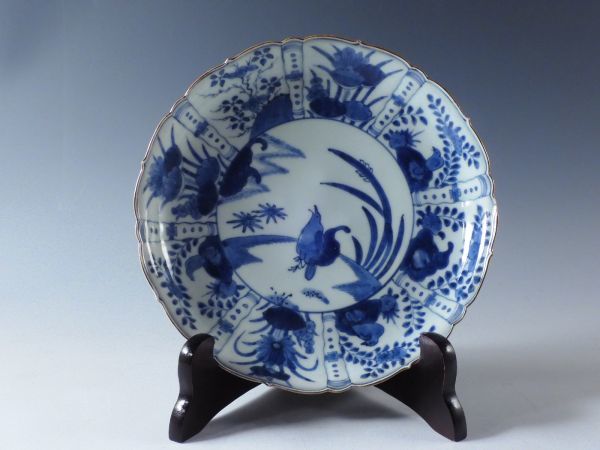□匠□藍柿右衛門 染付 渦福 窓絵 花鳥文 七寸 輪花 飾皿 無傷完品
