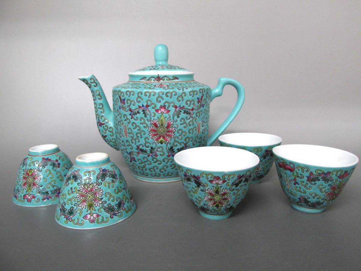 ⑦中国景徳鎮 茶器セット 急須と茶碗5つセット ミントブルー☆状態 