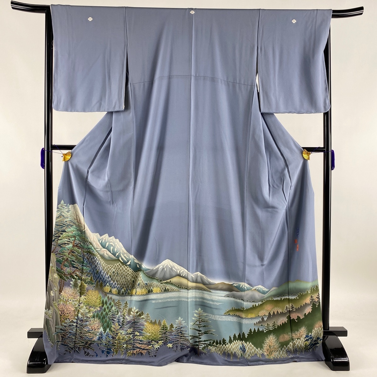 色留袖 美品 名品 落款 三つ紋 翠峰 黒部慕情 遠山 樹木 ぼかし 青灰色 袷 身丈172cm 裄丈66.5cm M 正絹 【中古】 ☆☆☆☆