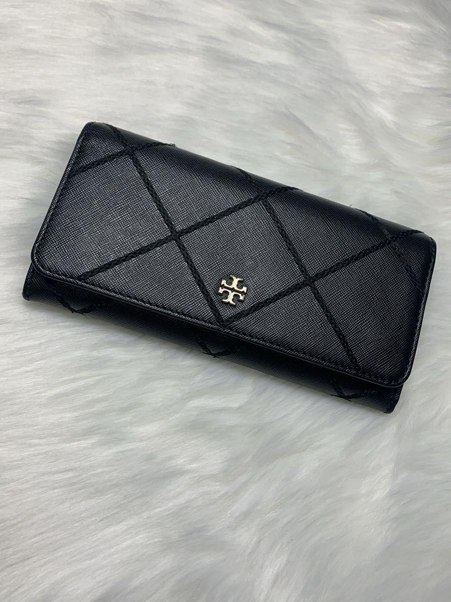 良品 トリーバーチ TORY BURCH 長財布 ロゴ ステッチ 黒 ブラック 折り 