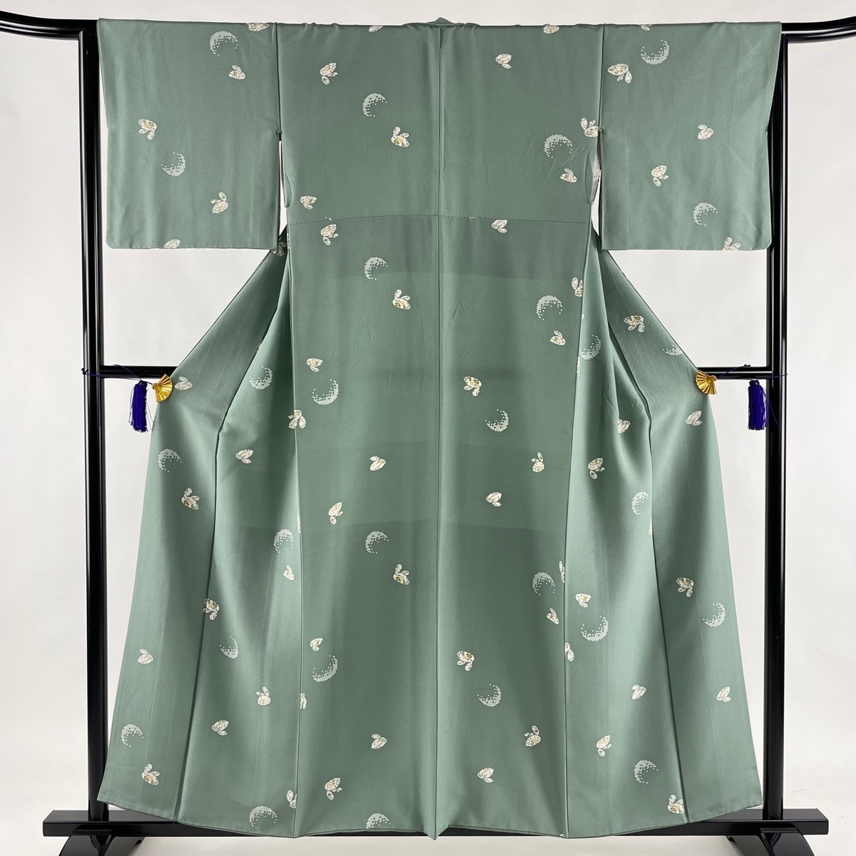 小紋 美品 優品 うさぎ 月 薄緑 袷 157cm 64cm M 正絹 【中古】 ☆☆