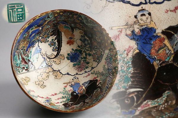 氷】初だし 江戸時代 幕末 角福 青手 古九谷 牛童子 花鳥文 菓子鉢 