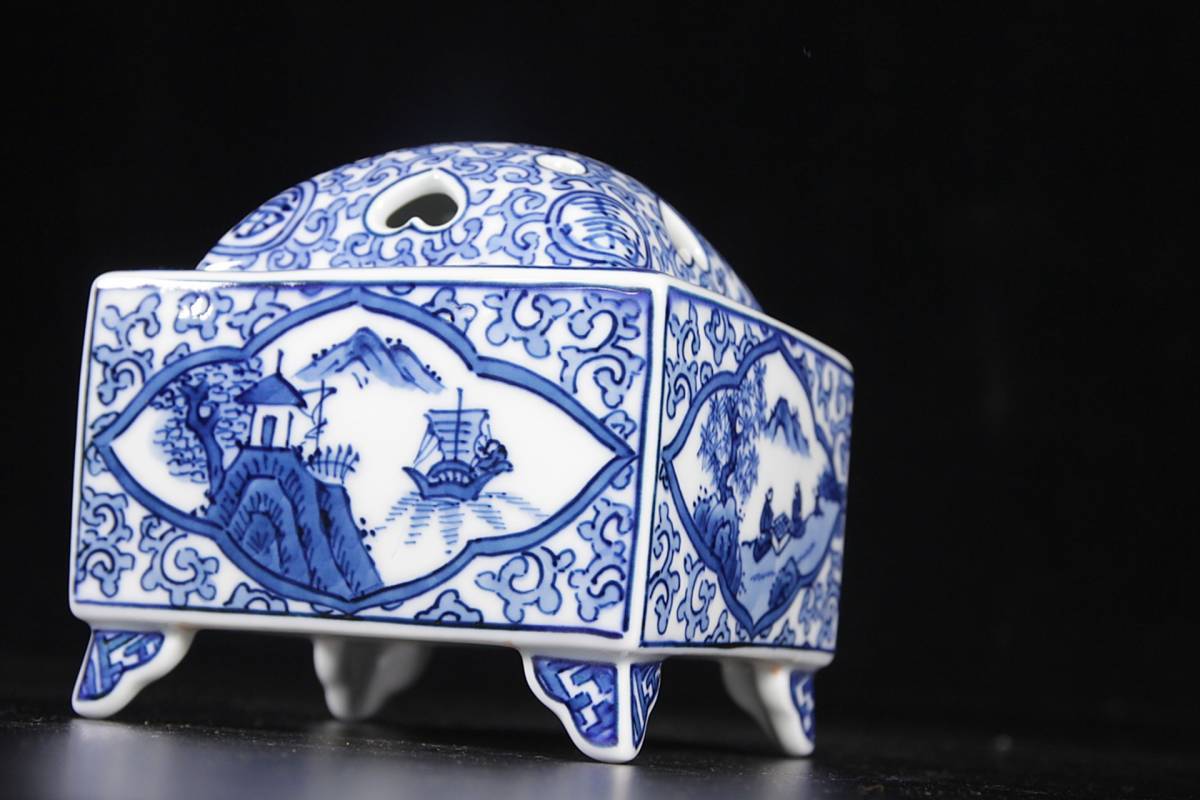 ◇楾◇ 古美術品 館林源右衛門 有田焼 祥瑞手唐草山水絵香炉 11cm 共箱