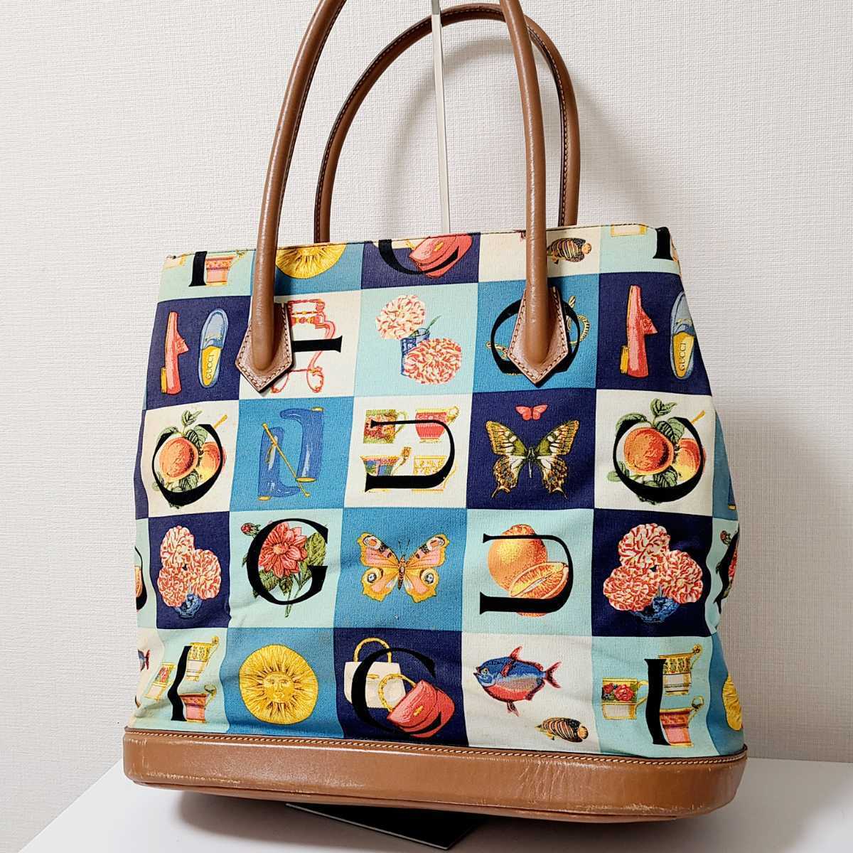 GUCCI グッチ 総柄 キャンバス レザー 本革 トート ハンド バッグ ハイ 
