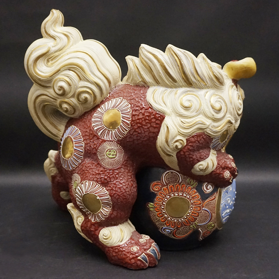 九谷焼 特大獅子 唐獅子 金獅子 玉乗り獅子 微細造 置物 魔除 金彩 