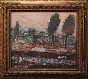 佐伯祐三 油彩画 肉筆 佐伯米子鑑定シール 画題 「巴里郊外」 F6号