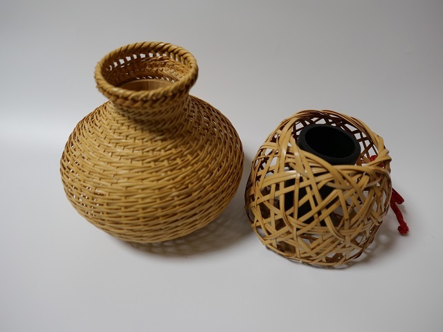インテリア小物 竹編み 手付花籠 落とし付 高さ約52cm 花器