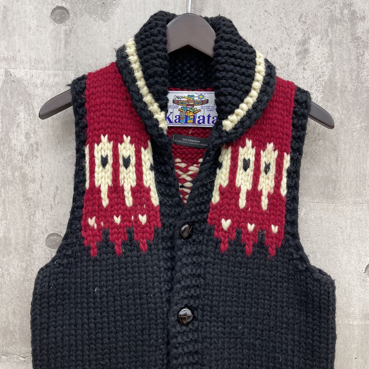 カナダ製 【別注】KANATA×In'crewsive カナタ×インクルーシブ 肉厚 ウール ニット カウチンベスト M相当 カーディガン カウチンセーター