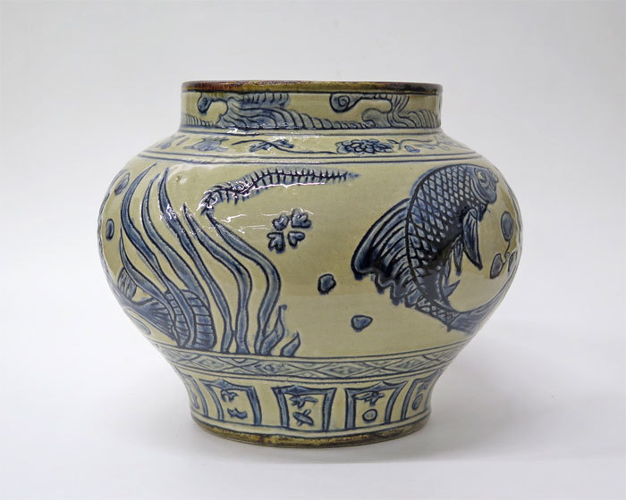 ◎琉球 胡差焼 魚文壺 高さ22cm / 胡差窯 民藝 琉球 民芸 花瓶 花入 