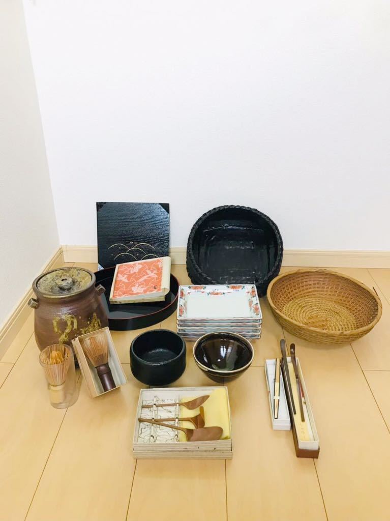 12茶道具 漆器　丸盆 茶碗　鉢　灰匙　菓子器 木製 陶器　おまとめ　1円～_1