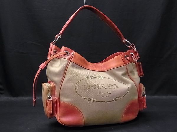 1円 PRADA プラダ キャンバス×レザー ハンドバッグ ショルダー 肩掛けかばん レディース ベージュ系×レッド系 Y7663fN プラダ 1円 PRADA ■美品■ 公式 BP8015