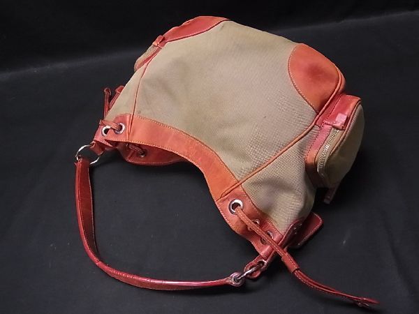 1円 PRADA プラダ キャンバス×レザー ハンドバッグ ショルダー 肩掛けかばん レディース ベージュ系×レッド系 Y7663fN プラダ 1円 PRADA ■美品■ 公式 BP8015