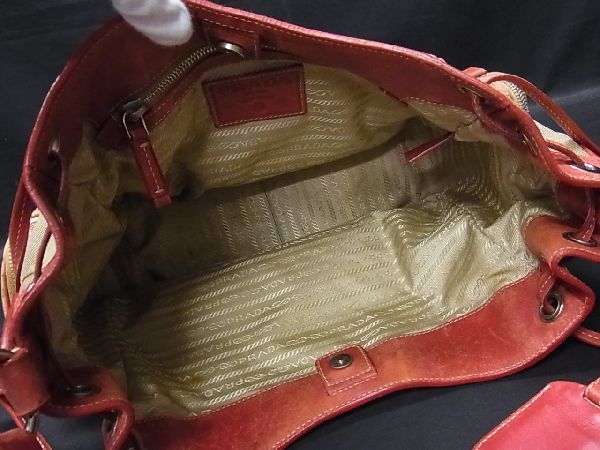 1円 PRADA プラダ キャンバス×レザー ハンドバッグ ショルダー 肩掛けかばん レディース ベージュ系×レッド系 Y7663fN プラダ 1円 PRADA ■美品■ 公式 BP8015