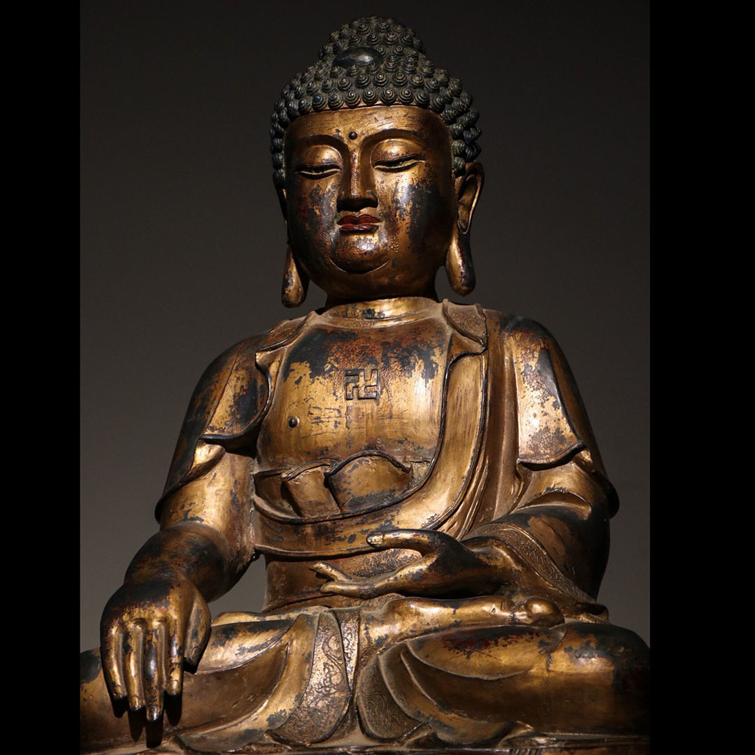 珍蔵　純銅泥金朱砂　仏像【釈迦牟尼仏】　インテリア　骨董品　アンティーク　置物 古寶奇蔵銅製・泥金・釋迦牟尼像・仏像・宗教・仏教古美術・供養