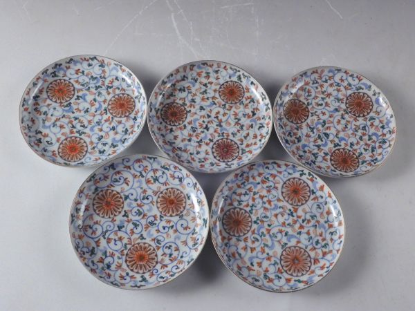 ■匠■古伊万里 色絵 菊蛸唐草文 飾皿 5客 14.5cm 江戸期 34kw294