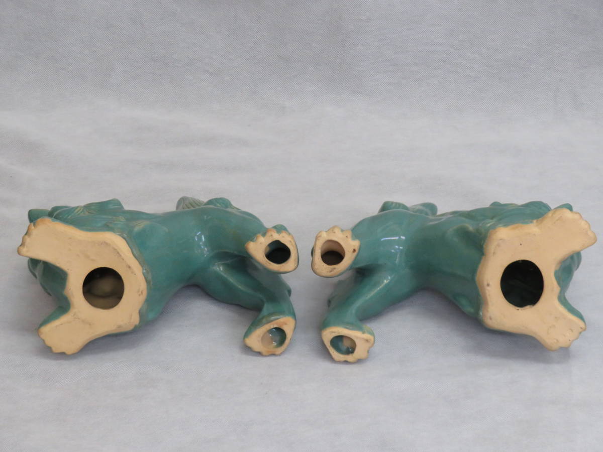 ☆青磁のシーサー 一対 置物 魔除け 守り神 獅子 沖縄 骨董 雑貨