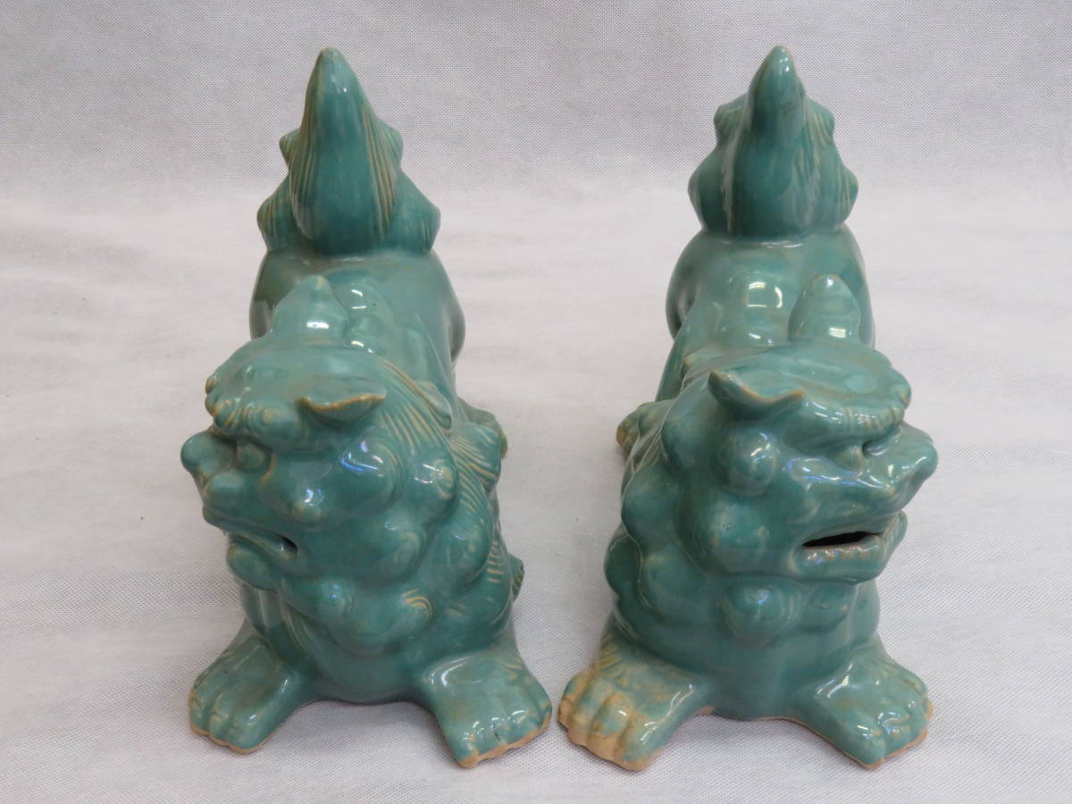☆青磁のシーサー 一対 置物 魔除け 守り神 獅子 沖縄 骨董 雑貨