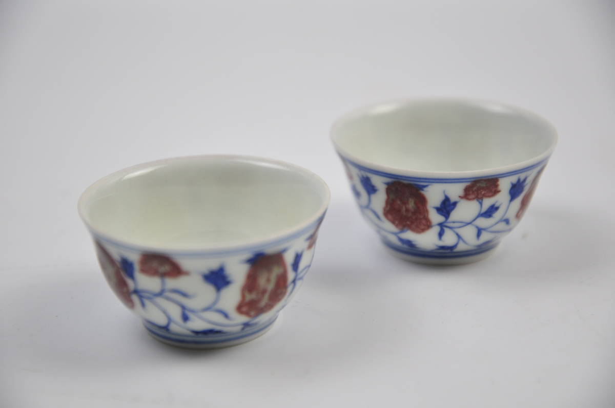 中国「景徳窯 貴和祥」青花唐草文 茶器3点 茶道具 急須 茶碗(染付