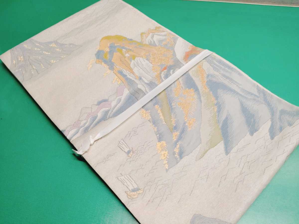 ● E 袋帯 明綴 箱根川 帯 プラチナ箔 逸品 高級 帯 山 水 船 帆船 豪華絢爛 雅 未使用品 シミあり リメイク ハンドメイド 保管品 ③
