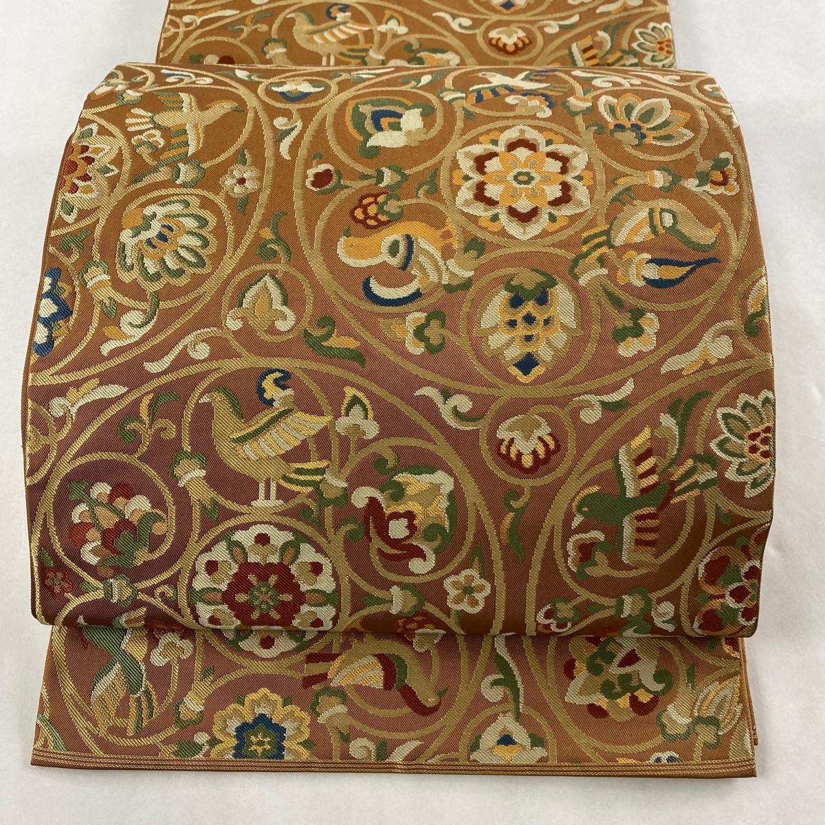袋帯 美品 逸品 落款 川島織物 華文 鳥 箔 薄茶色 六通 正絹 【中古 