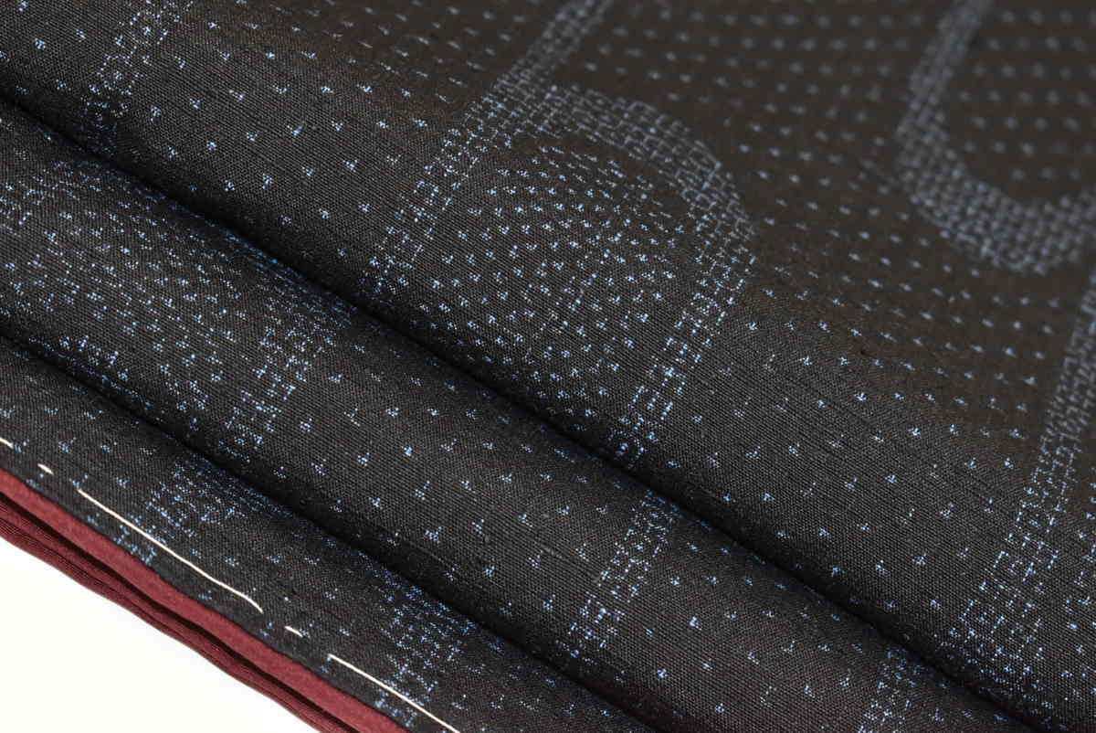 【ちどりや】1円開始 未使用品 美品 正絹 本真綿結城紬 80山亀甲 袷 広衿 身丈159.5/裄62 S寸 壺垂れ風 縞モチーフ 藍紺 躾付 証紙付 G107