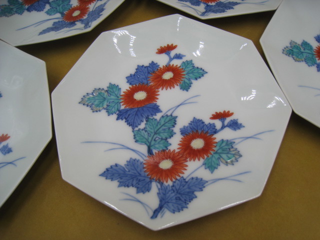 1G54 今泉今右衛門 錦 菊花絵 八角皿 5客 有田 美品 14代今泉今