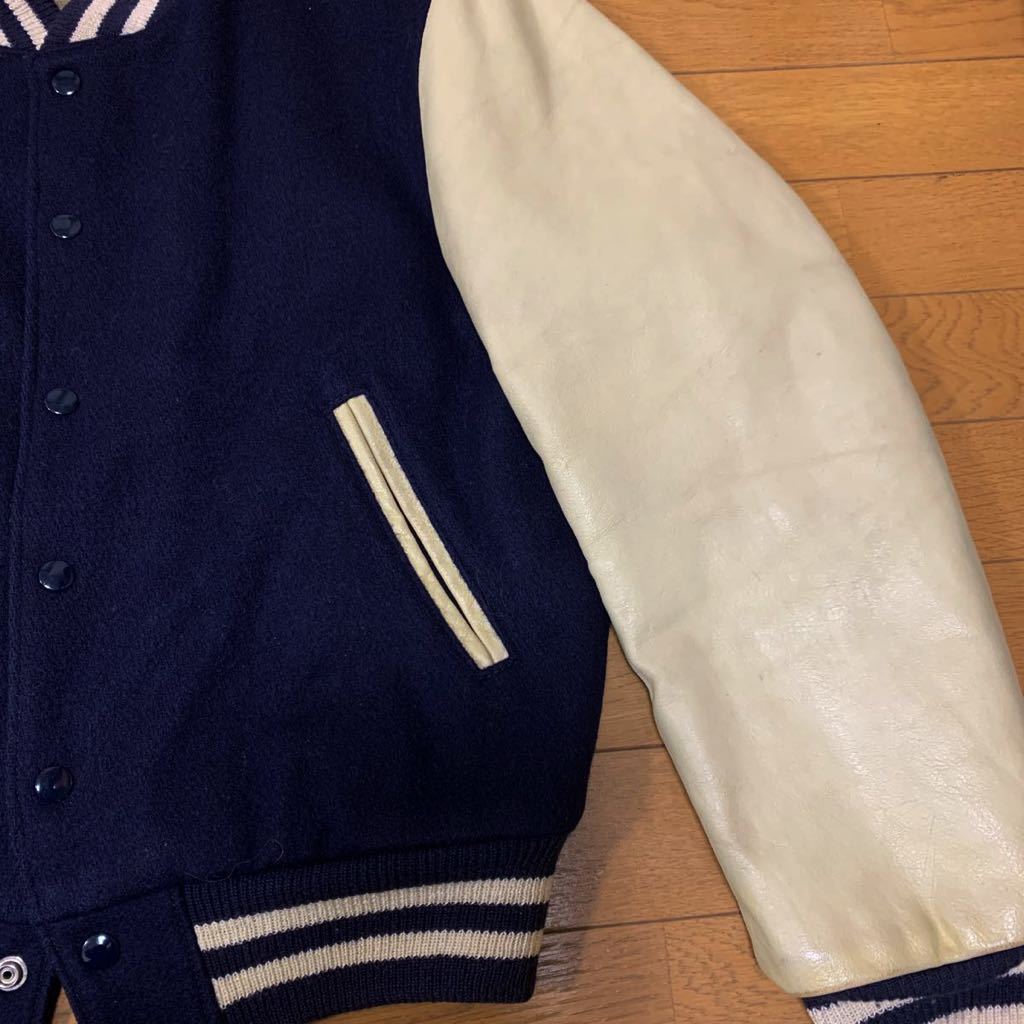 90s USA製 ゴールデンベア 袖レザー スタジャン 中綿入り ネイビー M