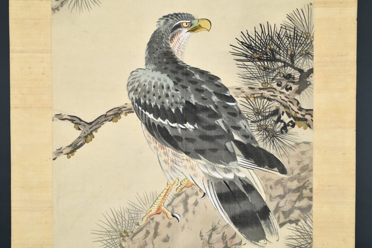 ◇鶴鳴堂◇「佚名書」時代物 絹に墨【松鷹図】真作 肉筆保証 巻き物 