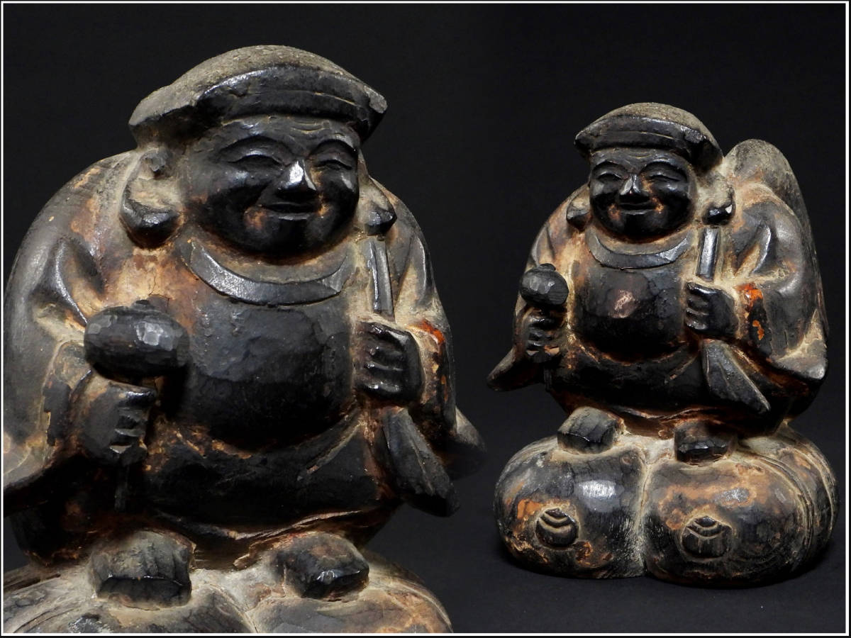 時代木彫 大黒天像 置物 書付時代箱 C 9877 時代木彫 大黒天像 置物 書付