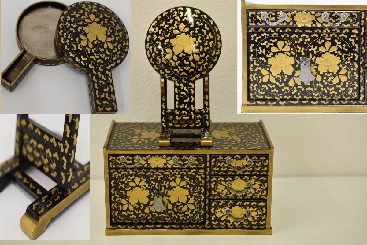 オ7】黒漆塗木地 牡丹唐草蒔絵 上手 針箱 鏡台 箱付 雛道具【