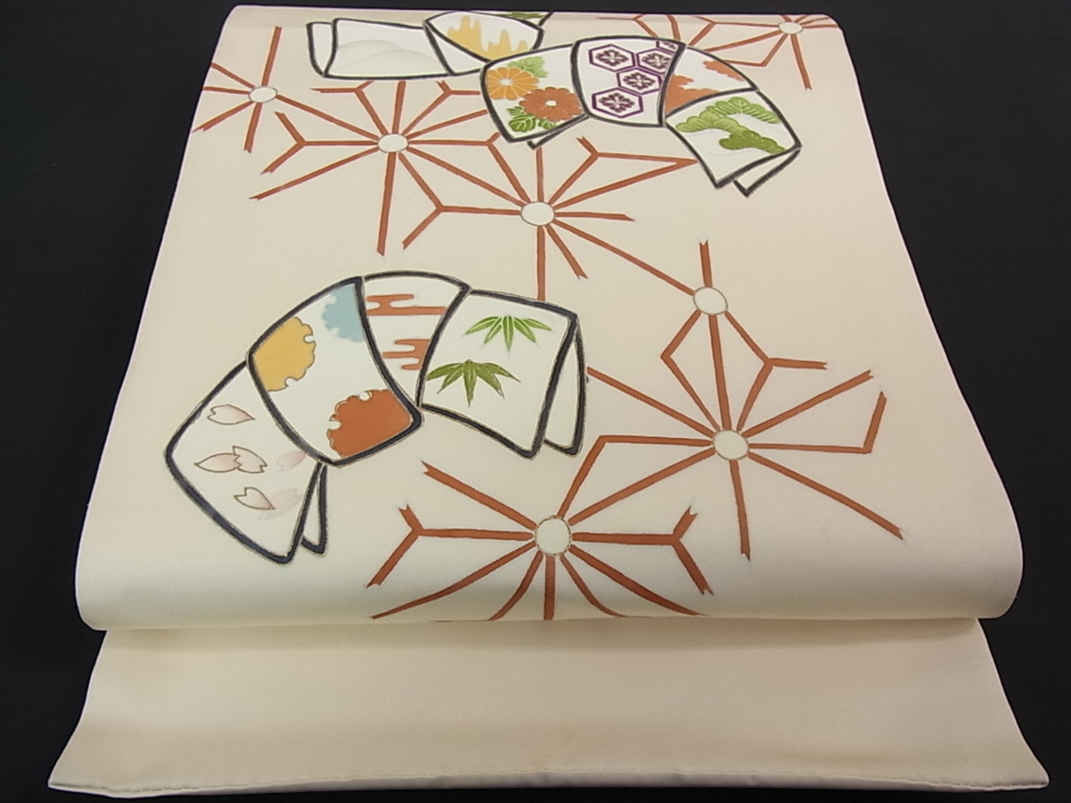 花美人着物■塩瀬　芸妓・舞妓　長尺　太鼓柄　だらり帯　舞台衣装　舞妓私物　吉祥結び文　金彩　逸品　eee653