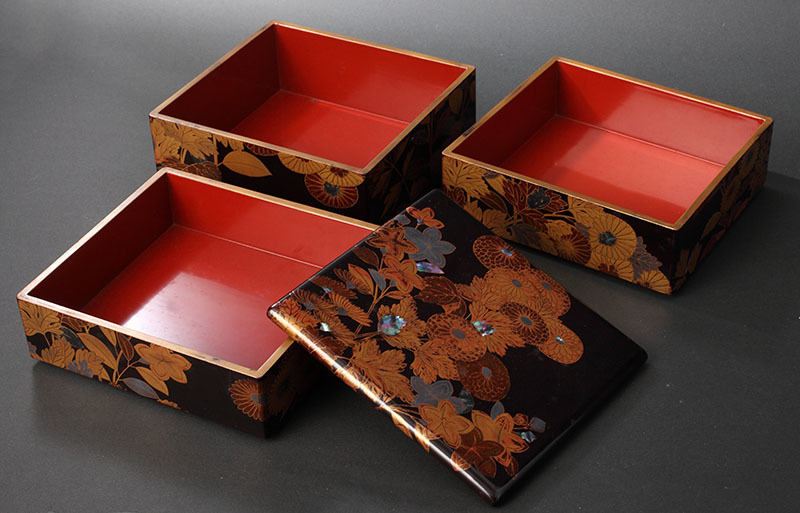 漆器 螺鈿 - 菊蒔絵（内朱）重箱（茶道具 懐石具 金蒔絵 共箱 Yahoo