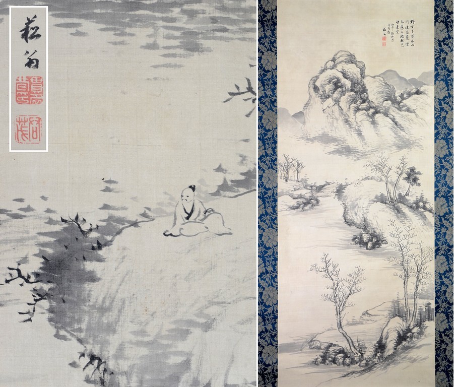 ◇ 貫名菘翁 山水画 掛軸 絖本 文人画 南画 中国画 ◇